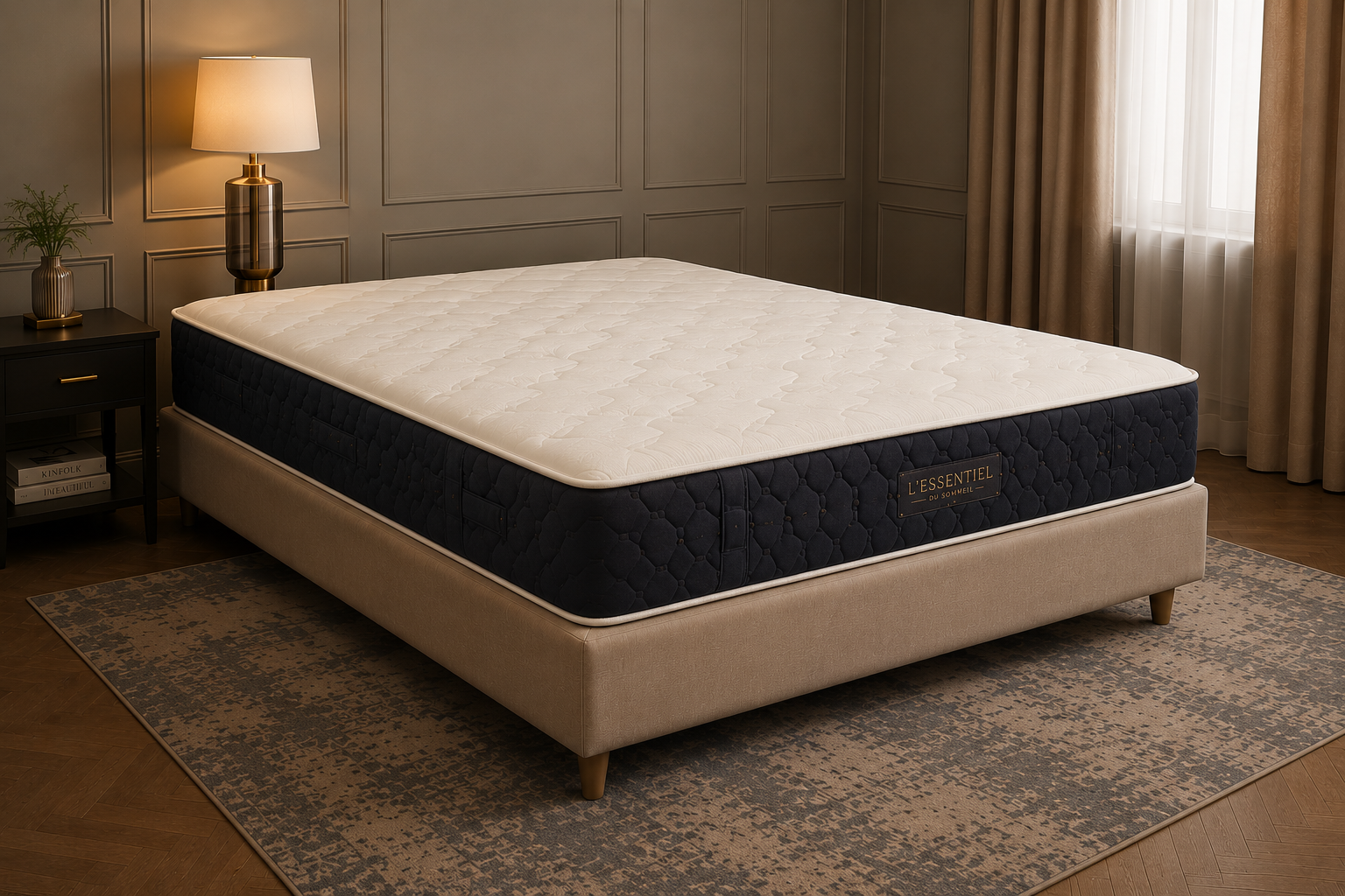 Matelas Elegance HR 35 dans un intérieur élégant, coutil ivoire et bandeau bleu nuit
