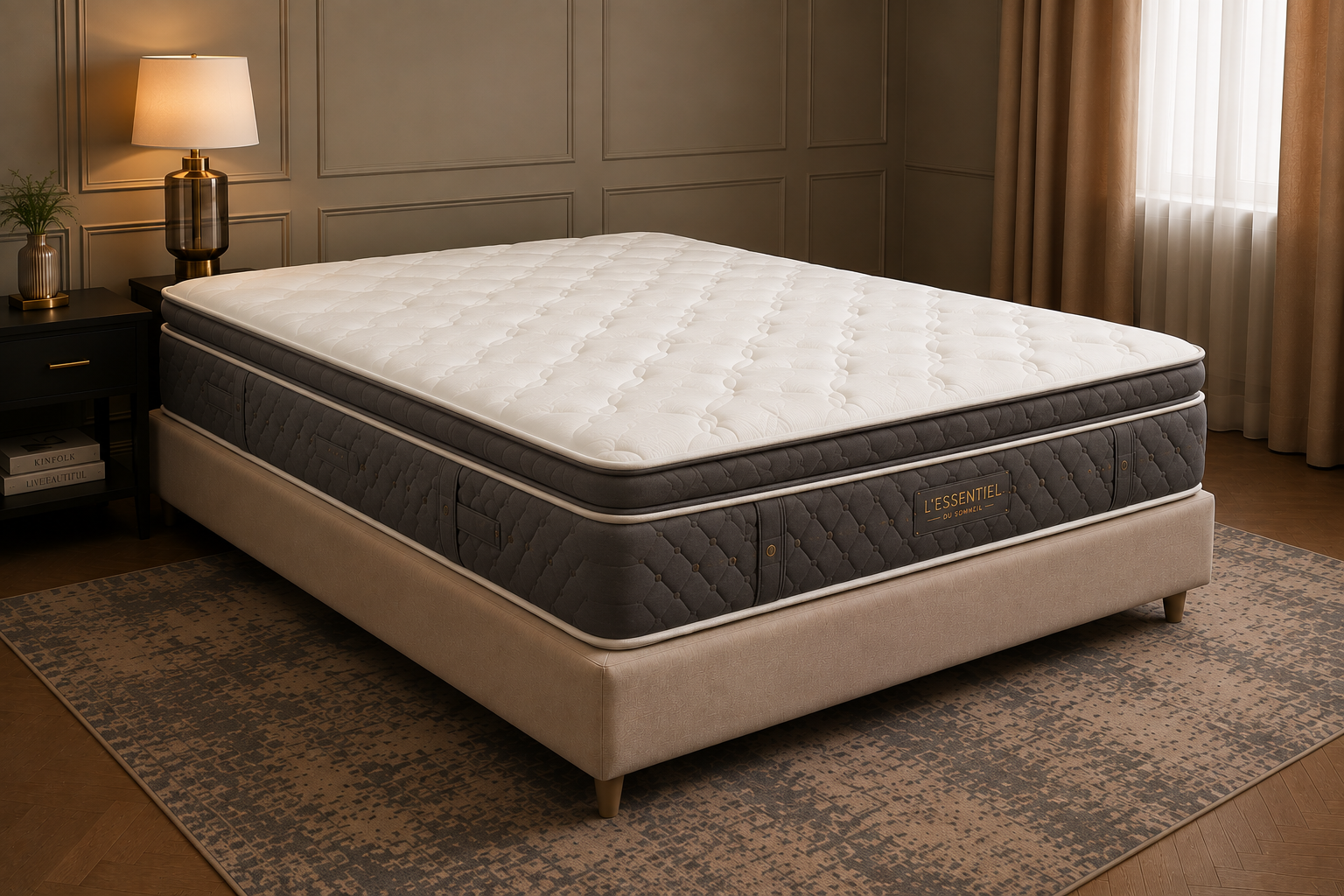 Matelas Excellence Pocket Spring Memory Foam 26 dans un intérieur élégant, coutil ivoire et bandeau bleu nuit