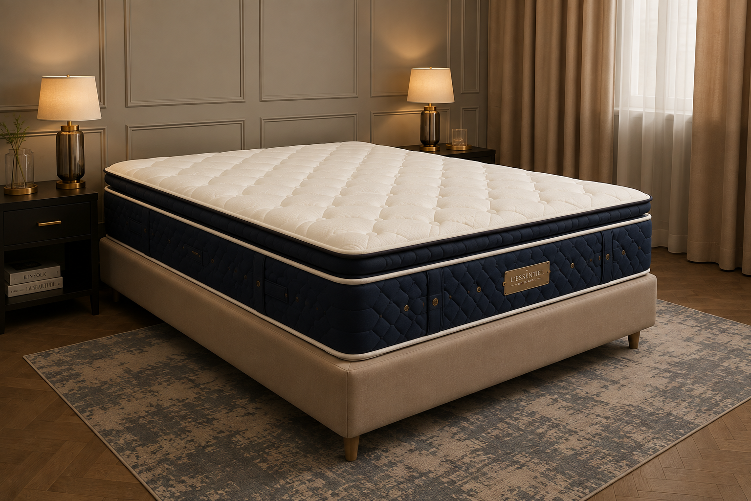 Matelas Elegance HR Topper dans un intérieur élégant, coutil ivoire sur un sommier beige