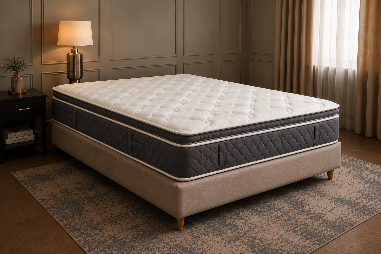 Matelas Excellence Pocket Spring dans un intérieur élégant, coutil ivoire et bandeau bleu nuit