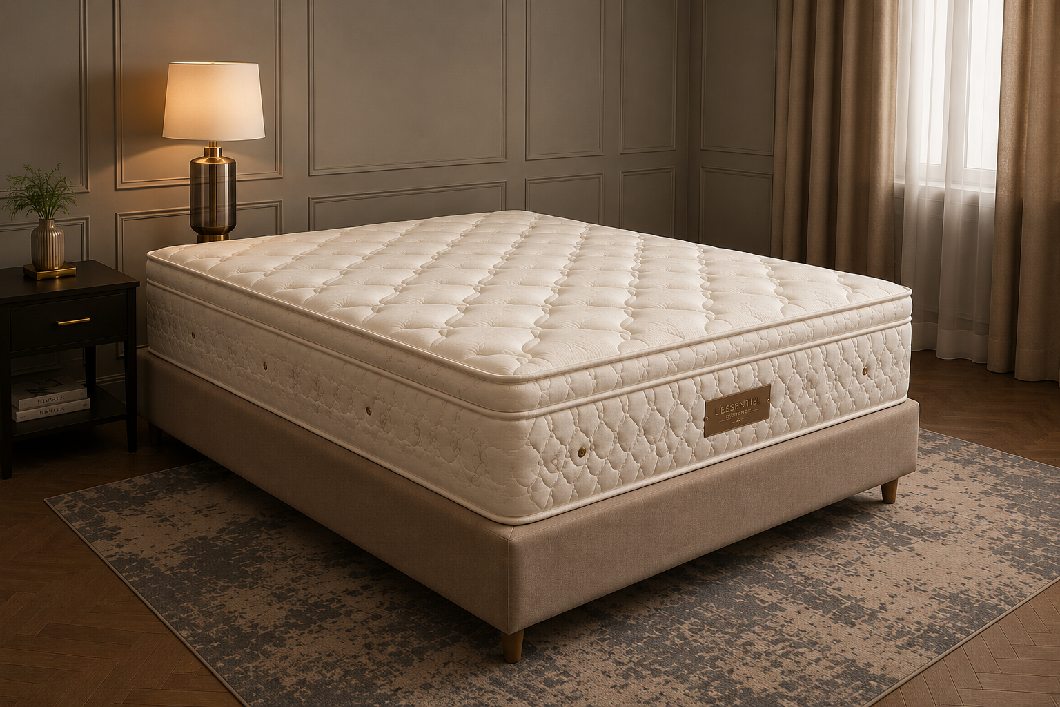 Matelas Elegance Bonnell Spring dans un intérieur élégant, coutil ivoire sur un sommier beige