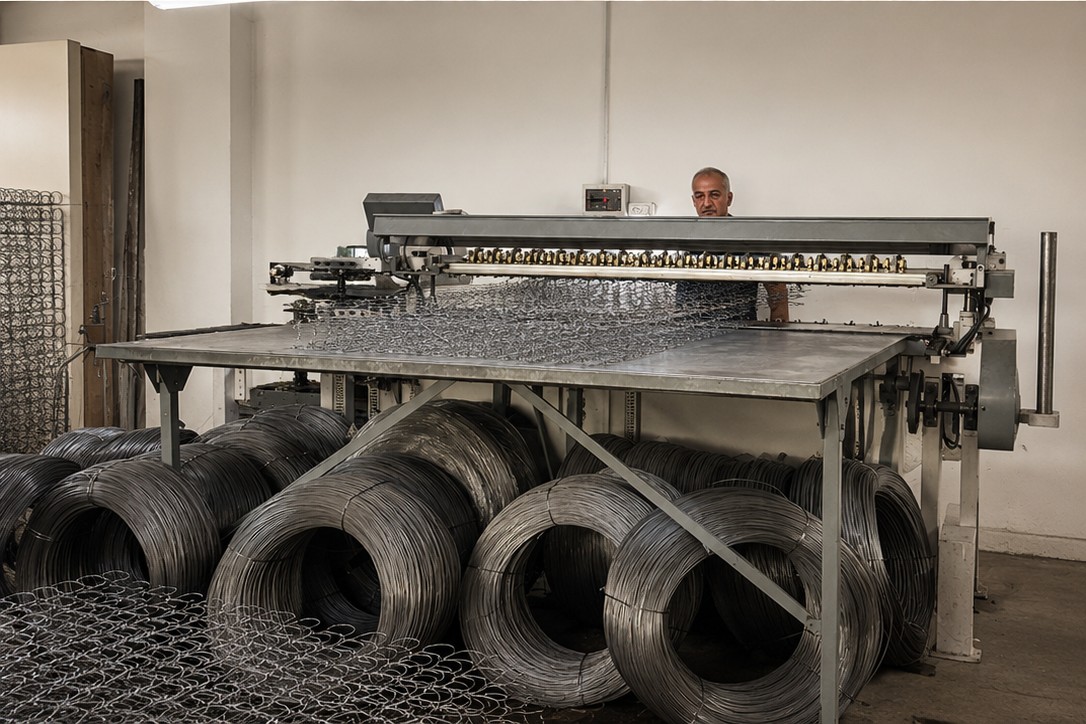 Machine d’assemblage de ressorts Bonnell et bobines de fil métallique dans notre atelier de fabrication