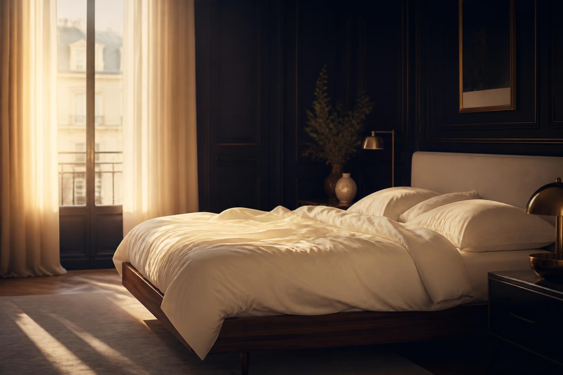 Chambre élégante à la lumière du matin, literie ivoire